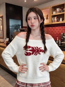 Comfortcana Women's Lobster Pattern Off-Shoulder Knit Top - White - View 5