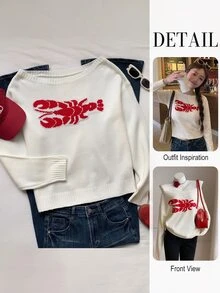 Comfortcana Women's Lobster Pattern Off-Shoulder Knit Top - White - View 2