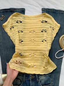 Comfortcana Women's Hollow Design Round Neck Casual Romantic Cute Knit Top Brunch Vacation Light Yellow Summer - Pale Yellow - View 8