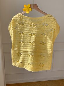 Comfortcana Women's Hollow Design Round Neck Casual Romantic Cute Knit Top Brunch Vacation Light Yellow Summer - Pale Yellow - View 3