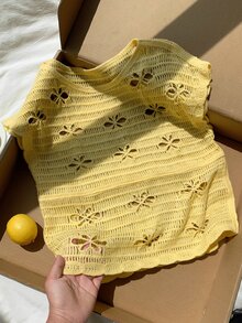 Comfortcana Women's Hollow Design Round Neck Casual Romantic Cute Knit Top Brunch Vacation Light Yellow Summer - Pale Yellow - View 6