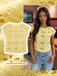 Comfortcana Women's Hollow Design Round Neck Casual Romantic Cute Knit Top Brunch Vacation Light Yellow Summer - Pale Yellow - View 9
