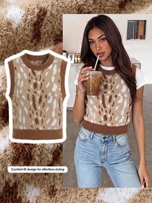 Comfortcana Women's Contrast Trim All-Over Print Casual Cute Preppy Versatile Everyday Knit Top School Beige Summer - Multicolor - View 8