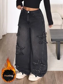 Coolane 女款秋季 Y2K 黑色高腰寬腿破洞磨損牛仔長褲，復古做舊休閒寬鬆大廓形長褲 - 黑色 - 查看 1