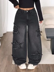 Coolane 女款秋季 Y2K 黑色高腰寬腿破洞磨損牛仔長褲，復古做舊休閒寬鬆大廓形長褲 - 黑色 - 查看 7