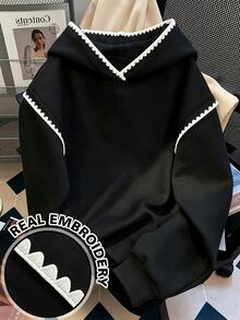 SHEIN 青少年女孩秋季黑白配色連帽衛衣，波浪邊飾，寬鬆版型，落肩長袖套頭衫，適合六年級畢業、大學穿著 - 黑色 - 查看 4
