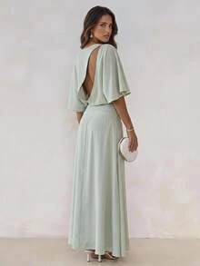 Aloruh Women's Elegant Minimalist Commute Date Brunch Tea Party Backless Short Sleeve Waist-Cinching Solid Color Sage Green Dress Dinner Cocktail Party Dress - Green - View 2