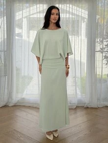 Aloruh Women's Elegant Minimalist Commute Date Brunch Tea Party Backless Short Sleeve Waist-Cinching Solid Color Sage Green Dress Dinner Cocktail Party Dress - Green - View 3