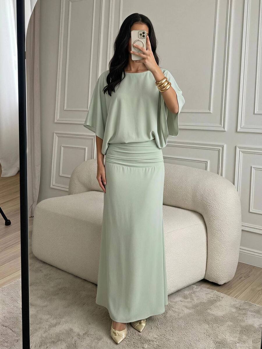 Aloruh Women's Elegant Minimalist Commute Date Brunch Tea Party Backless Short Sleeve Waist-Cinching Solid Color Sage Green Dress Dinner Cocktail Party Dress - Green - View 1