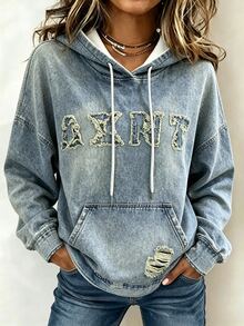 Resyla Women's Fashion Versatile Denim Effect Print Pocket Long Sleeve Sweatshirt - Multicolor - View 3