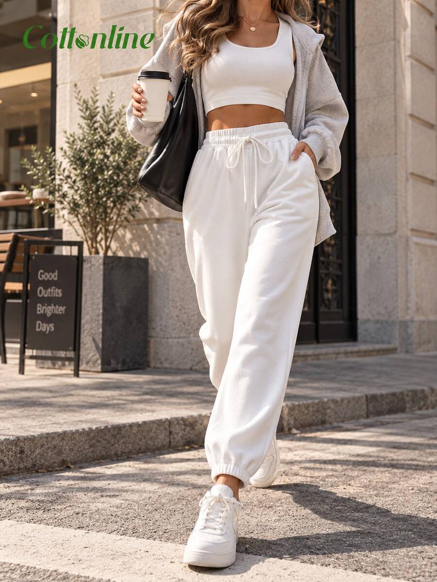 Cottnline Women Sweatpants Gym White Autumn - White - View 1