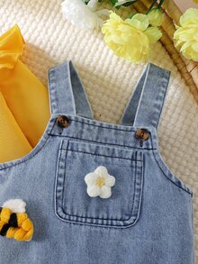 SHEIN Playful Pals 2pcs/Set Baby Girl Korean Style Fresh Floral Embroidered Denim Overalls Set, Yellow Flutter Sleeve Ribbed Long Sleeve T-Shirt, Exquisite Embroidered Denim, Soft Fabric, Regular Thickness, Infant Toddler 2 Pieces Set, Spring/Autumn New Arrival, Suitable For Party, Celebration, Daily Wear, 0-1 Years - Multicolor - View 5