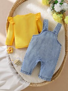 SHEIN Playful Pals 2pcs/Set Baby Girl Korean Style Fresh Floral Embroidered Denim Overalls Set, Yellow Flutter Sleeve Ribbed Long Sleeve T-Shirt, Exquisite Embroidered Denim, Soft Fabric, Regular Thickness, Infant Toddler 2 Pieces Set, Spring/Autumn New Arrival, Suitable For Party, Celebration, Daily Wear, 0-1 Years - Multicolor - View 2