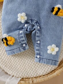 SHEIN Playful Pals 2pcs/Set Baby Girl Korean Style Fresh Floral Embroidered Denim Overalls Set, Yellow Flutter Sleeve Ribbed Long Sleeve T-Shirt, Exquisite Embroidered Denim, Soft Fabric, Regular Thickness, Infant Toddler 2 Pieces Set, Spring/Autumn New Arrival, Suitable For Party, Celebration, Daily Wear, 0-1 Years - Multicolor - View 4