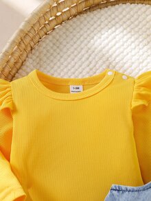 SHEIN Playful Pals 2pcs/Set Baby Girl Korean Style Fresh Floral Embroidered Denim Overalls Set, Yellow Flutter Sleeve Ribbed Long Sleeve T-Shirt, Exquisite Embroidered Denim, Soft Fabric, Regular Thickness, Infant Toddler 2 Pieces Set, Spring/Autumn New Arrival, Suitable For Party, Celebration, Daily Wear, 0-1 Years - Multicolor - View 8