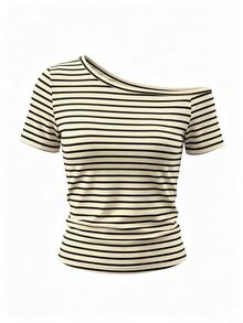 SHEIN تي شيرت كاجوال قصيرة الأكمام بياقة غير متماثلة مخطط للنساء - أبيض - مشاهدة 1