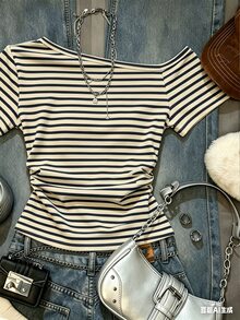 SHEIN تي شيرت كاجوال قصيرة الأكمام بياقة غير متماثلة مخطط للنساء - أبيض - مشاهدة 5
