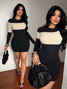 SHEIN SXY Apricot & Black High Elasticity Ribbed Colorblock Crew Neck Long Sleeve Fitted Mini Dress Fall - Multicolor - View 3
