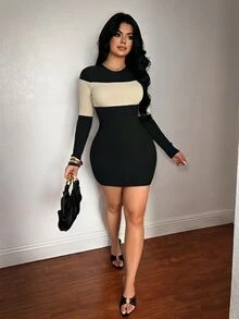 SHEIN SXY Apricot & Black High Elasticity Ribbed Colorblock Crew Neck Long Sleeve Fitted Mini Dress Fall - Multicolor - View 6