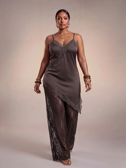 Veslaya Plus Size Women's Brown Summer Classy Date Night Girls Night Theme Party 2 Pieces Set,Spaghetti Strap Lace Asymmetric Hem Long Top Lace Long Pants