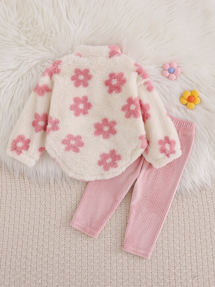 SHEIN Playful Pals 女嬰可愛秋冬百搭毛絨印花連帽衛衣與長褲套裝 - 彩色 - 查看 2