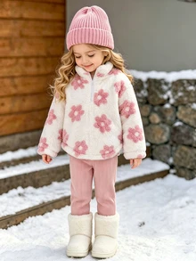 SHEIN Playful Pals Baby Girl Cute Autumn/Winter Versatile Plush Printed Hooded Sweatshirt & Pants Set - Multicolor - View 3