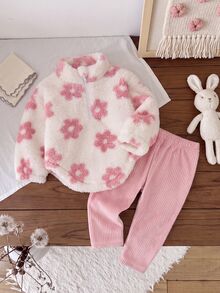 SHEIN Playful Pals Baby Girl Cute Autumn/Winter Versatile Plush Printed Hooded Sweatshirt & Pants Set - Multicolor - View 4
