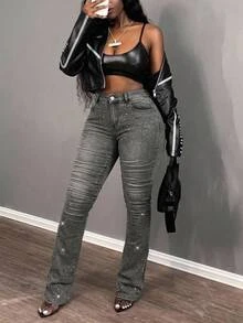 Slaydiva Women's Casual Slim-Fit High-Waisted Micro-Flare Jeans – Washed Black-Grey Denim With Rhinestone Embellishment Y2K Party Style Autumn - Light Wash - View 6