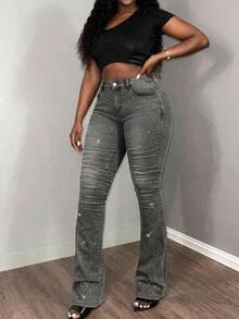 Slaydiva Women's Casual Slim-Fit High-Waisted Micro-Flare Jeans – Washed Black-Grey Denim With Rhinestone Embellishment Y2K Party Style Autumn - Light Wash - View 4