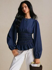 Poéselle Women's Round Neck Lantern Sleeve Ruched Waist Fashion Denim Top Going Out Tops - Dark Wash - View 8