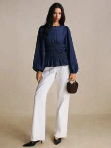 Poéselle Women's Round Neck Lantern Sleeve Ruched Waist Fashion Denim Top Going Out Tops - Dark Wash - View 7