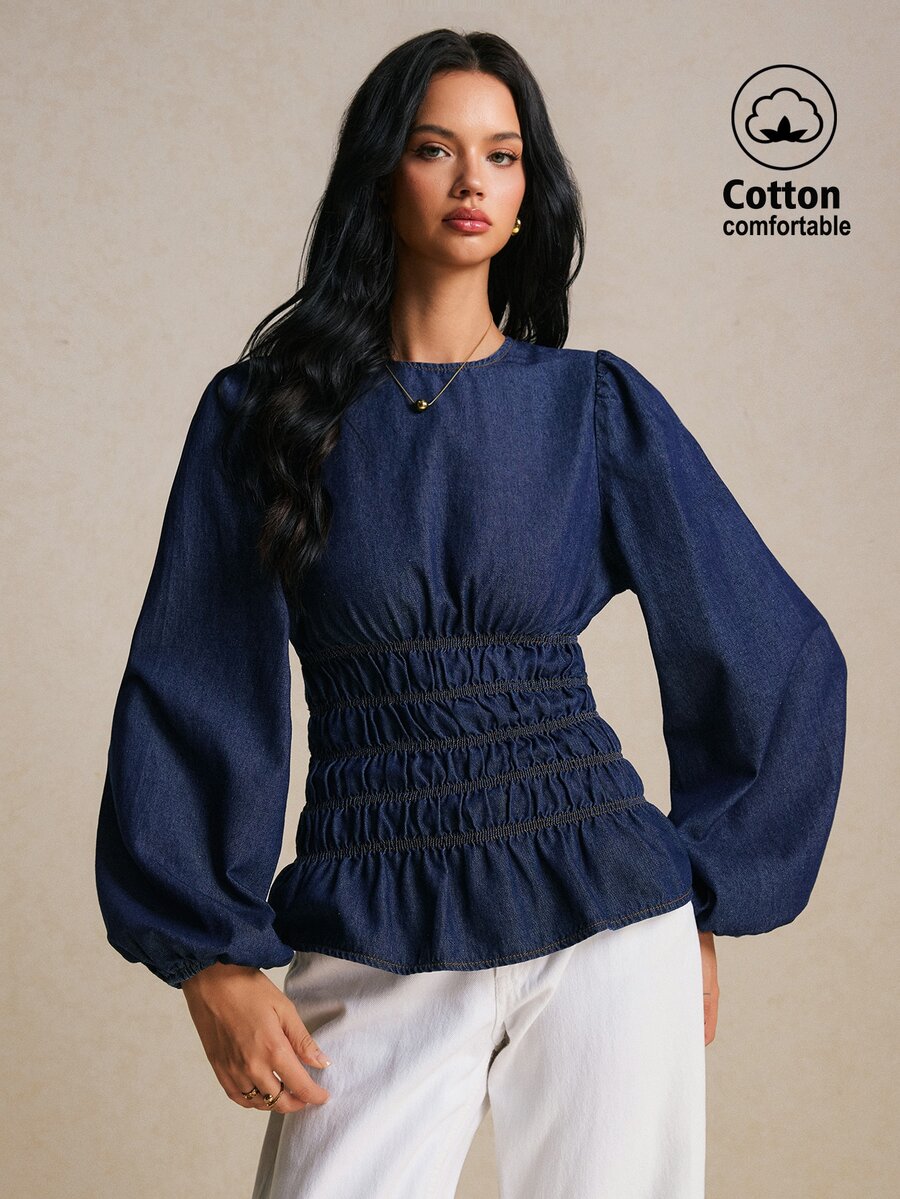 Poéselle Women's Round Neck Lantern Sleeve Ruched Waist Fashion Denim Top Going Out Tops - Dark Wash - View 1