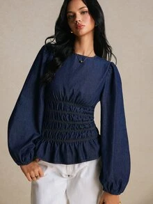 Poéselle Women's Round Neck Lantern Sleeve Ruched Waist Fashion Denim Top Going Out Tops - Dark Wash - View 9