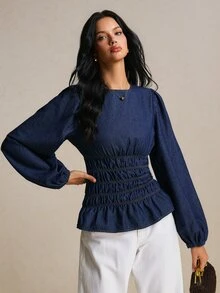 Poéselle Women's Round Neck Lantern Sleeve Ruched Waist Fashion Denim Top Going Out Tops - Dark Wash - View 3