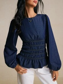 Poéselle Women's Round Neck Lantern Sleeve Ruched Waist Fashion Denim Top Going Out Tops - Dark Wash - View 5