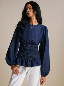 Poéselle Women's Round Neck Lantern Sleeve Ruched Waist Fashion Denim Top Going Out Tops - Dark Wash - View 4