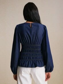 Poéselle Women's Round Neck Lantern Sleeve Ruched Waist Fashion Denim Top Going Out Tops - Dark Wash - View 2