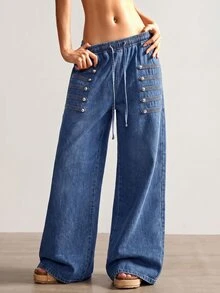 Bohemela Plus Size Casual Washed Drawstring Waist Jeans Teacher Outfits For Women - Medium Wash - View 4