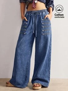 Bohemela Plus Size Casual Washed Drawstring Waist Jeans Teacher Outfits For Women - Medium Wash - View 1
