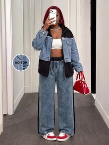 Slaydiva Plus-Size Women's High-Waisted, Loose-Fit, Wide-Leg Denim Jeans In Blue With Color-Block Lace-Up Detailing.Autumn - Blue - View 3