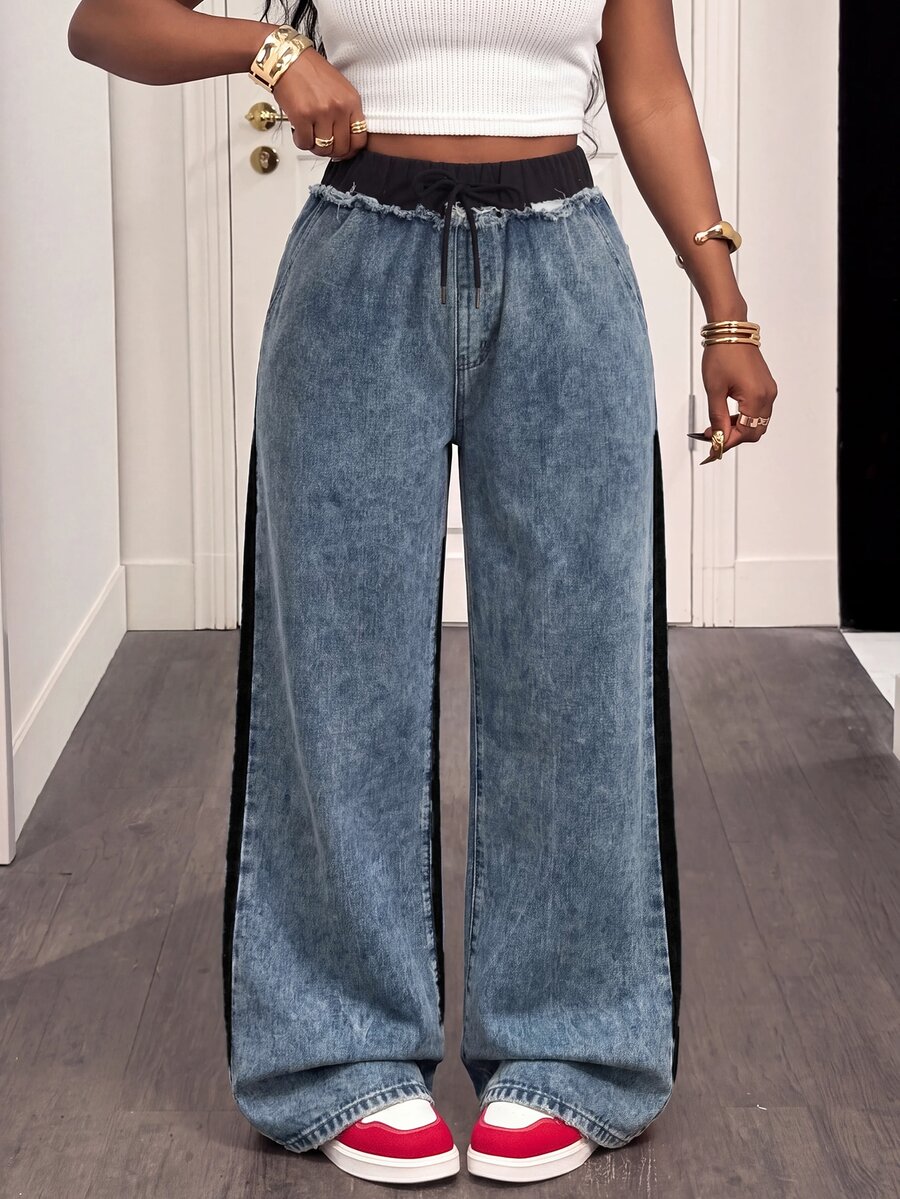 Slaydiva Plus-Size Women's High-Waisted, Loose-Fit, Wide-Leg Denim Jeans In Blue With Color-Block Lace-Up Detailing.Autumn
