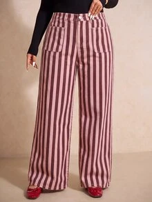 Elaquor Plus-Size Women's Striped High-Waisted Wide-Leg Jeans With Pockets – Perfect For Casual Outings.Autumn - Pink - View 6