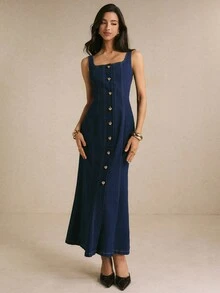 Poéselle 女款長版鈕扣前襟牛仔洋裝，修身收腰深藍色，秋季優雅休閒仙氣風，適合聖誕、返校舞會、早午餐穿著 - 深色水洗藍 - 查看 9