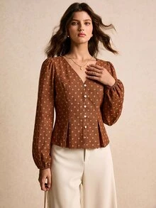 Poéselle 女款波點印花燈籠袖牛仔上衣 秋季服飾 棕色波點襯衫 早午餐茶會 墨西哥新年穿搭 優雅復古法式風 - 棕色 - 查看 4