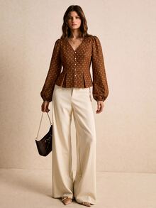 Poéselle 女款波點印花燈籠袖牛仔上衣 秋季服飾 棕色波點襯衫 早午餐茶會 墨西哥新年穿搭 優雅復古法式風 - 棕色 - 查看 5