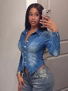 Slaydiva Women's Single-Breasted Denim Meditation Shirt Blue Casual Streetwear Wear Modern Elegant Blouses Cowgirl Blouses Everyday Going Out Fall - Medium Wash - View 4