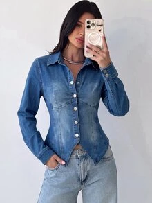 Slaydiva Women's Single-Breasted Denim Meditation Shirt Blue Casual Streetwear Wear Modern Elegant Blouses Cowgirl Blouses Everyday Going Out Fall - Medium Wash - View 12