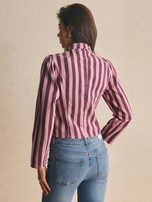 Poéselle Atasan Denim Lengan Panjang Bergaris Kancing Katak Gaya Jalanan Wanita untuk Acara Keluar Rumah - MultiWarna - View 2