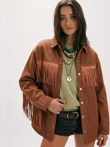 Bohemela Jaket Denim Wanita Lengan Panjang Model Drop Shoulder Kancing Tunggal Kasual dengan Desain Rumbai untuk Acara Keluar Rumah - Khaki - View 7