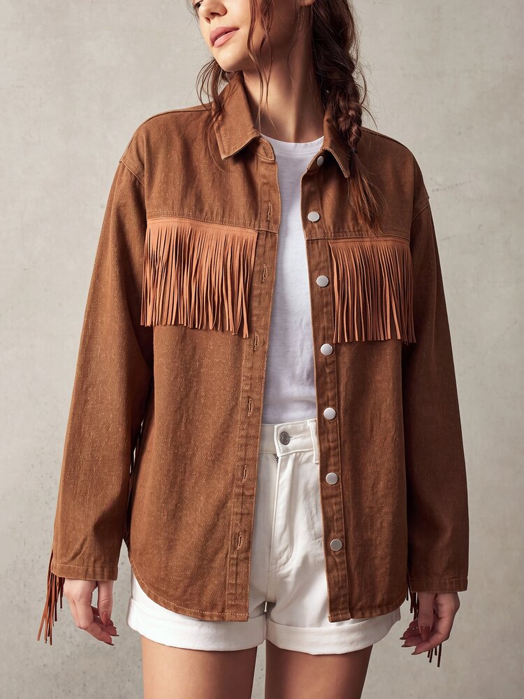 Bohemela Jaket Denim Wanita Lengan Panjang Model Drop Shoulder Kancing Tunggal Kasual dengan Desain Rumbai untuk Acara Keluar Rumah - Khaki - View 5